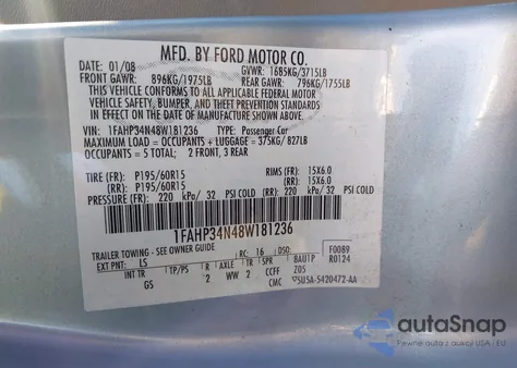 2008 Ford Focus S из США, поврежденный, VIN 1FAHP34N48W181236